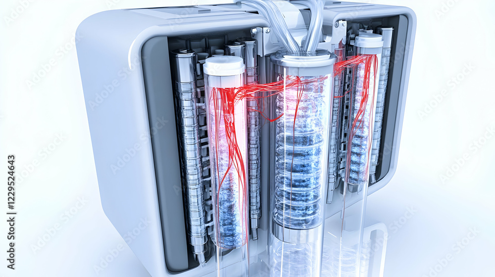 Poster futuristic device with transparent tubes and red wires, a 3d render illustration of advanced technol