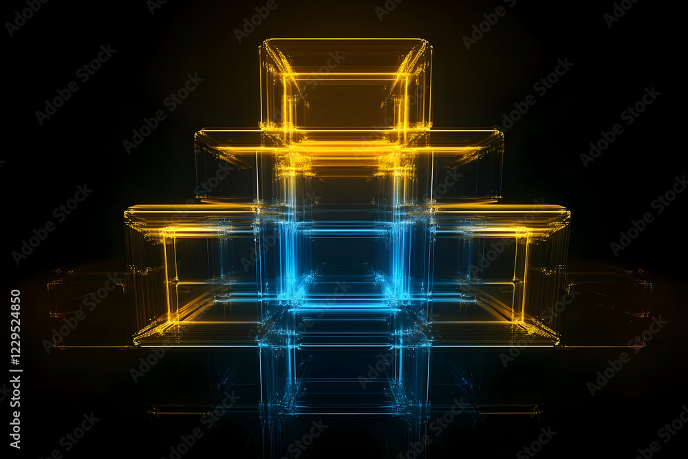 Poster abstract 3d structure glowing in yellow and blue with intersecting lines on black background