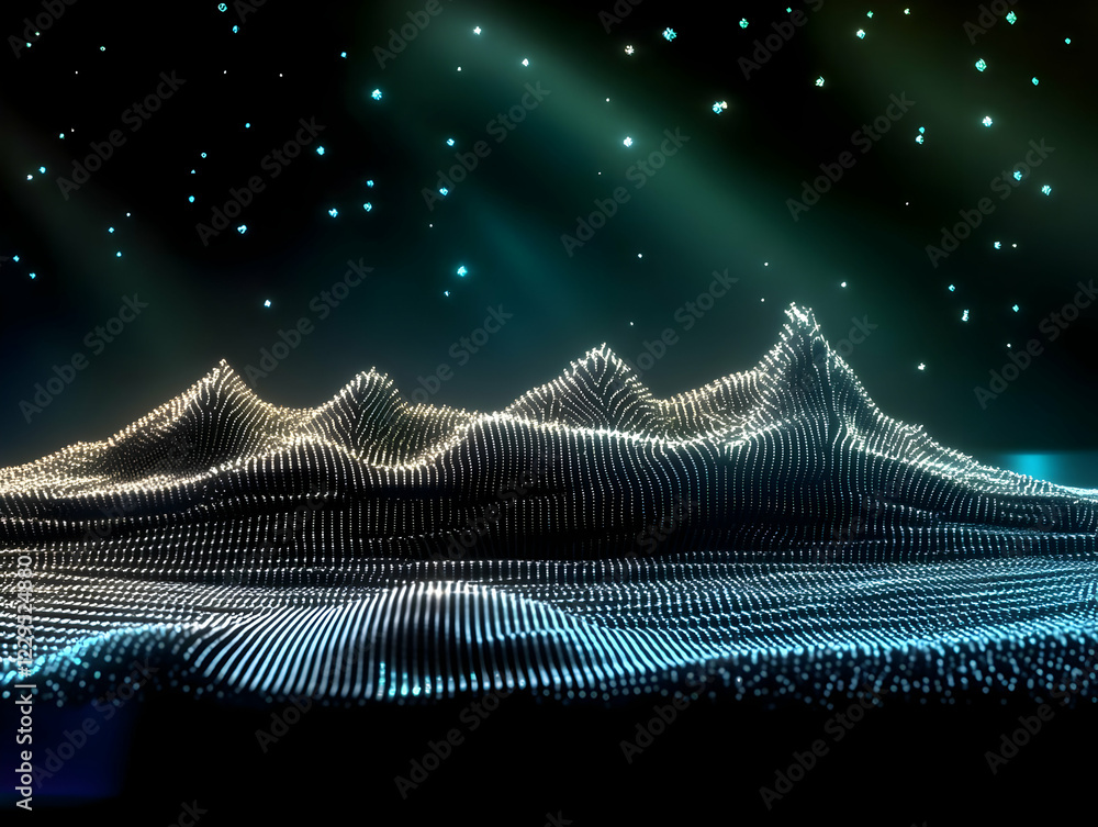 Poster abstract 3d landscape forms from dots and glowing particles dynamically.
