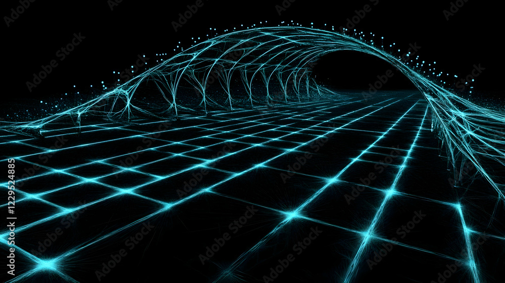Poster abstract 3d illustration: glowing grid with arcing structure on dark background