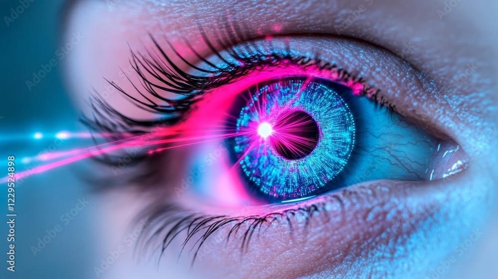 Aufkleber the future of vision high-tech eye scan with glowing digital data streams and laser beams.