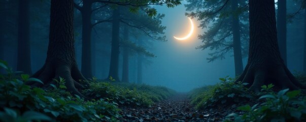 The soft light of a crescent moon casts an ethereal glow on a forest floor, mystical, quiet, stillness
