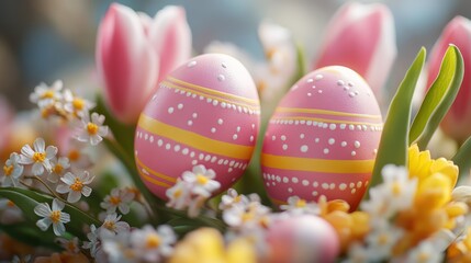 Obraz premium Pink Easter eggs tulips spring flowers bokeh greeting card