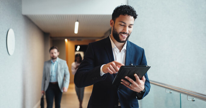 Man, tablet and manager online in hotel, contemplating growth and consulting for hospitality. Business, male person and website on customer service at lodge, professional and planning for booking