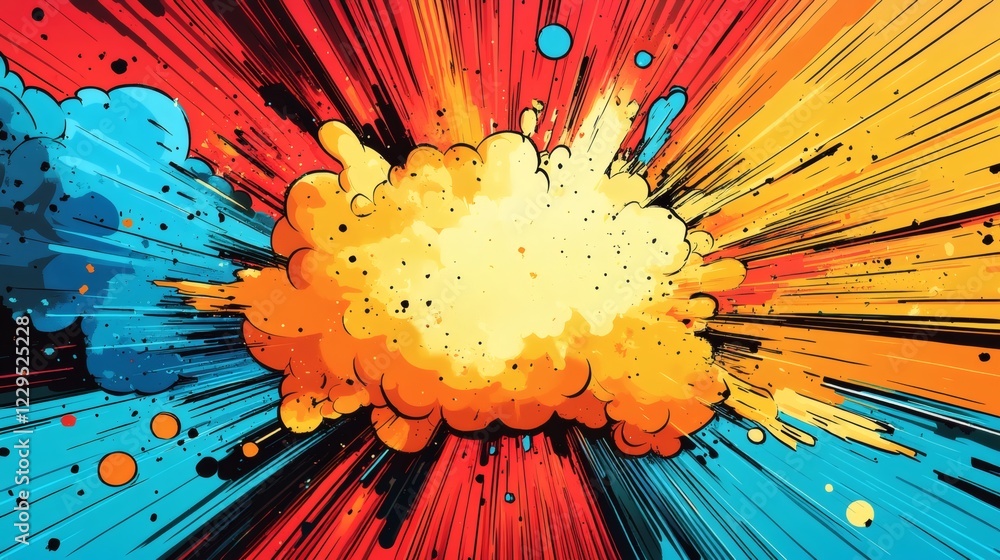 Poster fun comicstyle speech bubble erupting in a colorful explosion dynamic lines and splashes of bright c