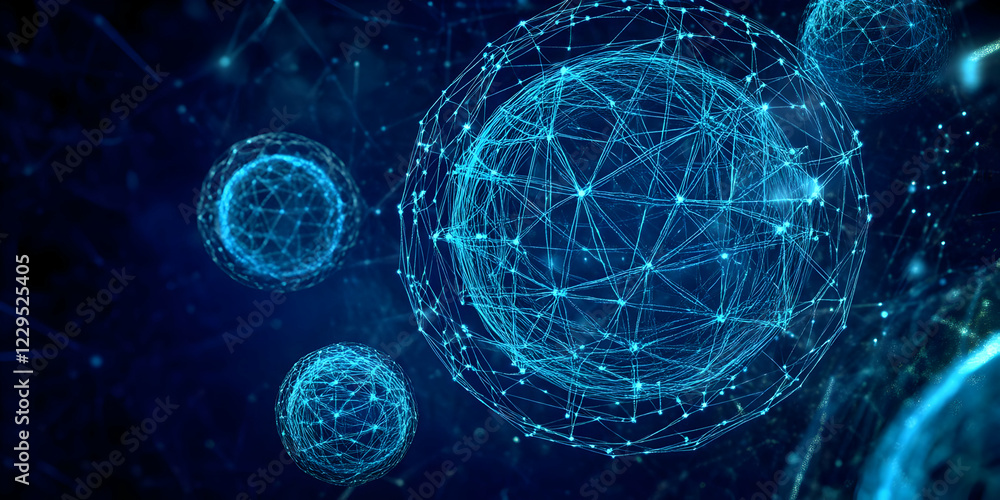 Poster Abstract 3D Render of Interconnected Spheres with Glowing Nodes in a Dark Blue Background