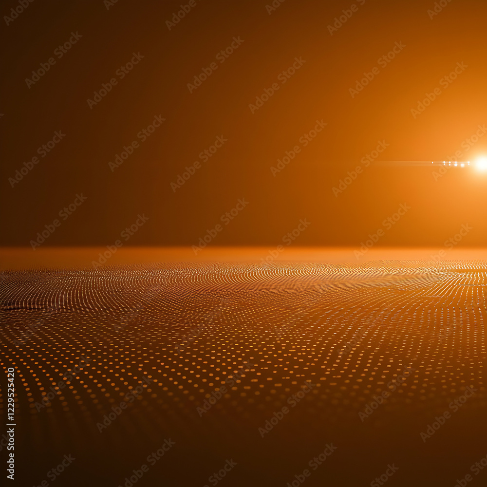 Poster abstract orange background with dotted grid pattern and light flare creates futuristic vibe.