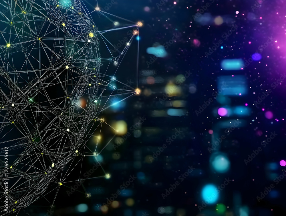 Poster abstract 3d sphere network connects with glowing nodes and lines on dark bokeh background