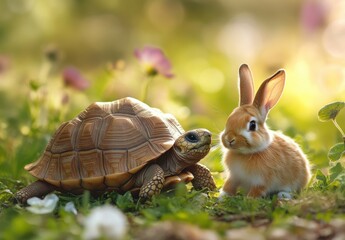 Playful Encounter Between a Cute Rabbit and a Curious Tortoise in a Lush Green Meadow Surrounded by Colorful Flowers and Soft Natural Light
