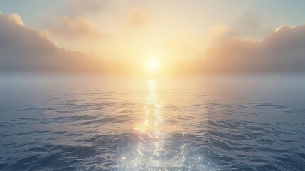 Fototapeta premium Serene sunrise over calm ocean waters with gentle waves and soft clouds in the background