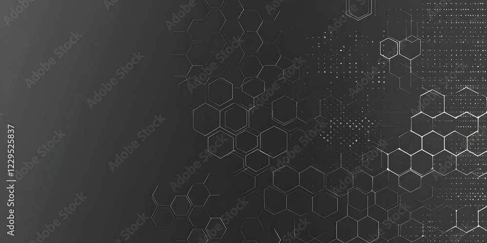 Poster abstract background features interconnected hexagons with subtle digital data overlay on dark gray s