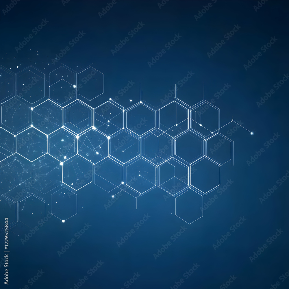 Poster abstract background shows interconnected hexagons with futuristic network on dark blue canvas.