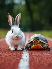Playful rabbit and tortoise on a running track in a vibrant outdoor setting showcasing competition, friendship, and the spirit of perseverance among animals