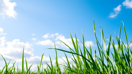 Fototapeta premium Green grass and blue sky with white clouds
