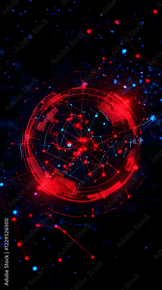 Poster abstract red and blue circular network design illuminates a dark background with connecting lines an