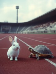 Playful Rabbit and Wise Tortoise on an Empty Athletic Track, Symbolizing Friendship and Competition in a Charming Sporting Scene
