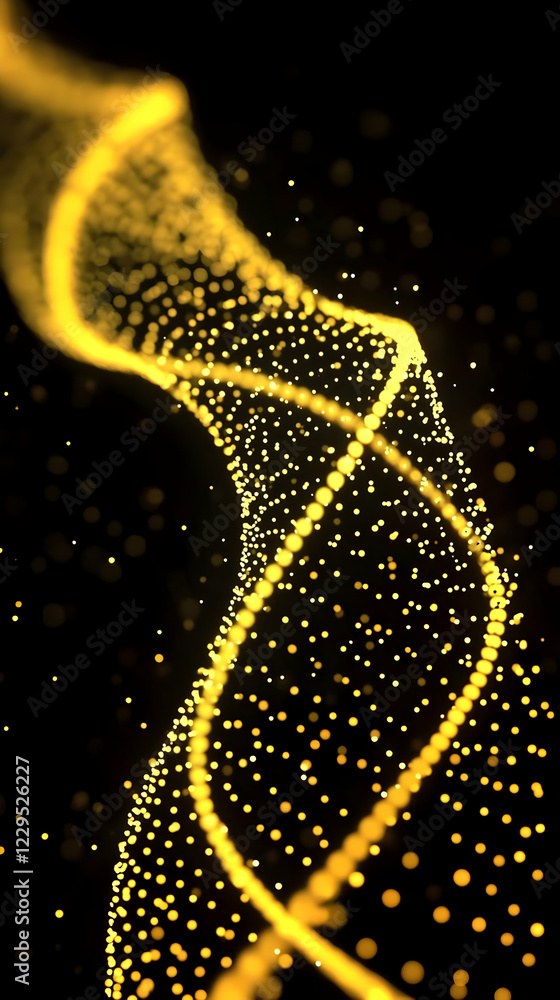 Poster golden particle spiral swirls dynamically in abstract motion background