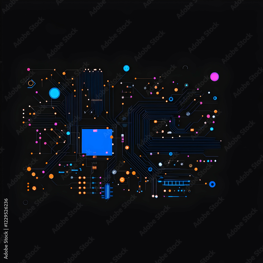 Poster futuristic circuit board design illuminates with colorful nodes and intricate connections on dark ba