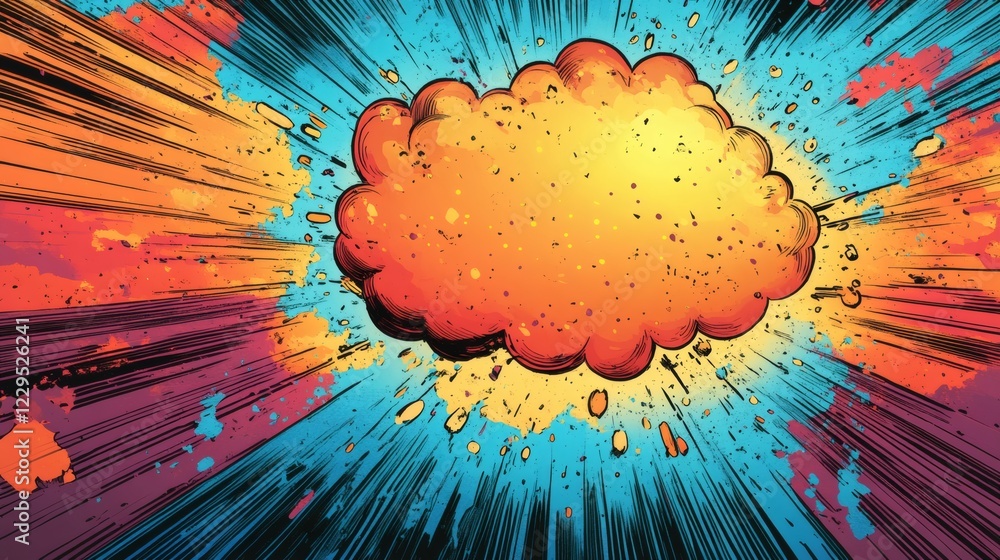 Poster fun comicstyle speech bubble erupting in a colorful explosion dynamic lines and splashes of bright c