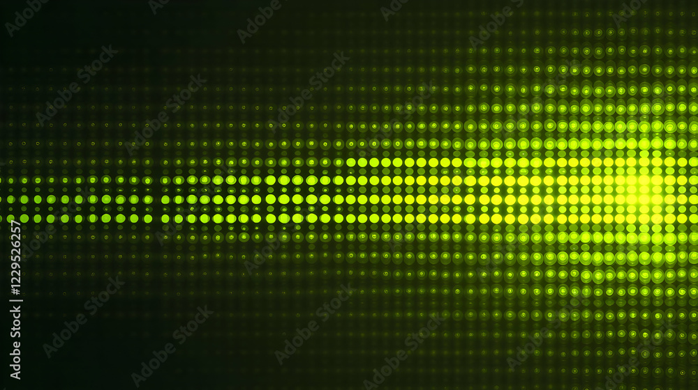 Poster glowing green dots form a horizontal band on a dark background and create an abstract pattern