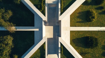 Aerial view of concrete park paths and steps, geometric patterns.