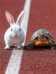 Race Between Rabbit and Turtle on Track, Animal Companionship, Friendship in Competition, Cute Animal Interaction, Unique Sports Imagery, Fun Animal Scene