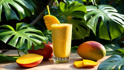 Fototapeta premium Refreshing mango smoothie surrounded by tropical leaves