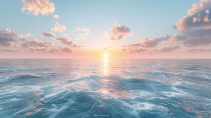 Serene sunset over calm ocean waters with soft clouds reflecting the golden light