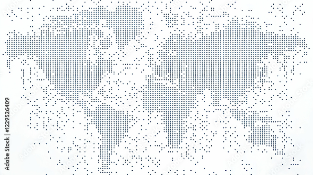 Poster Abstract World Map Formed by Tiny Dots on White Background, Symbolizing Global Connectivity.