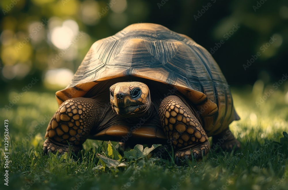 Poster realistic close-up of a tortoise walking on green grass surrounded by natural daylight showcasing it