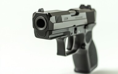 Handgun barrel close-up on white, angled view