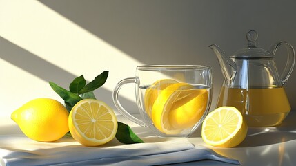 Sunlit lemons, tea, glass teapot, kitchen, healthy drink