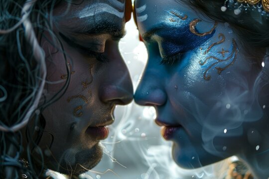 Models representing shiva and parvati, adorned with intricate body painting, share an intimate moment amidst ethereal smoke