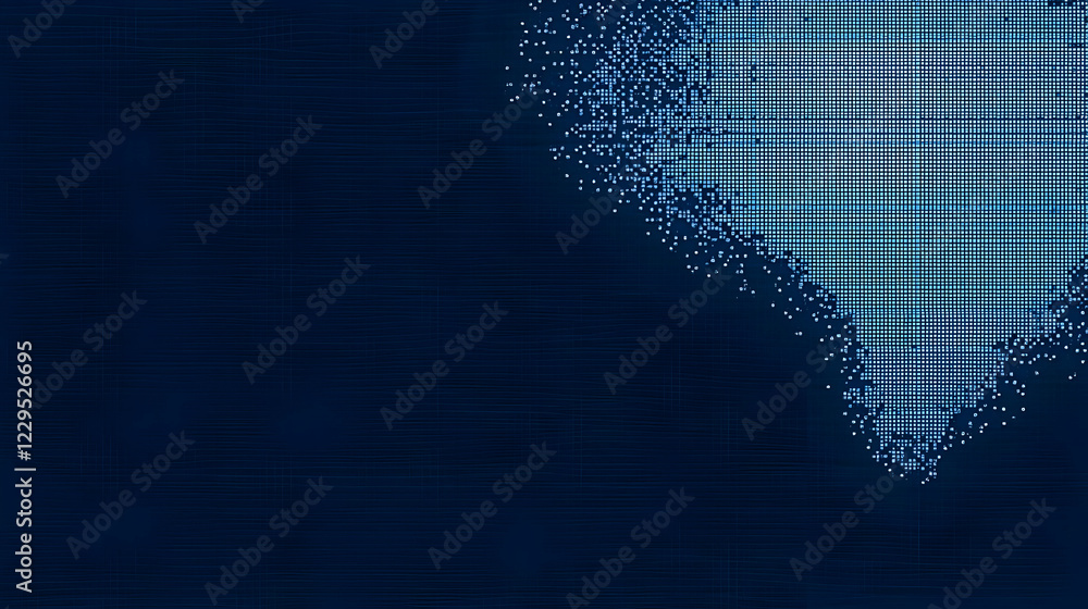 Poster abstract blue pixelated design dissolves on dark textured background with subtle grid pattern
