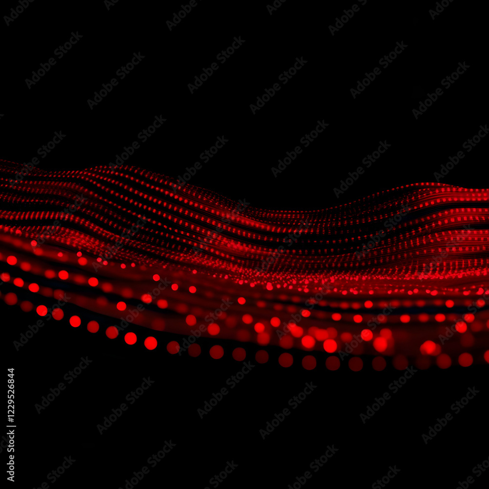 Poster abstract red particles flowing smoothly in a wavy pattern on a black background