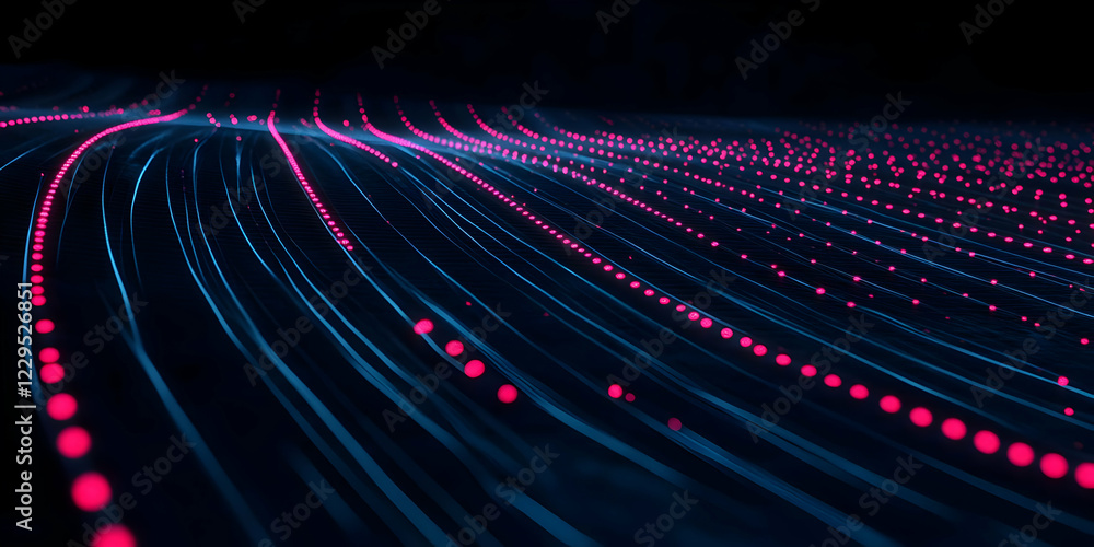 Poster abstract 3d flowing lines with glowing pink dots creates a dynamic visual.