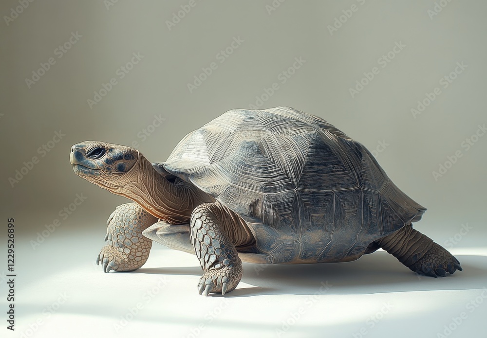 Poster realistic depiction of a solitary tortoise crawling across a smooth surface with soft natural lighti