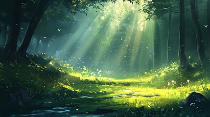 Sunbeams illuminate enchanted forest path, butterflies flutter, nature background, fantasy game design