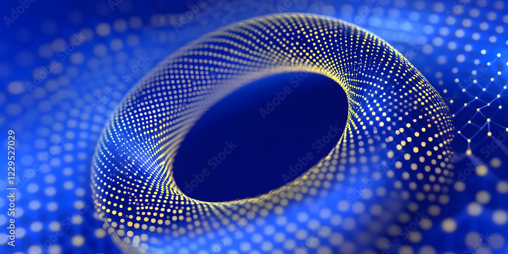 Poster abstract 3d golden dotted torus spins dynamically on blue bokeh background with network grid.