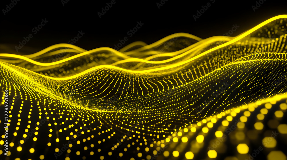 Poster abstract yellow particle waves flowing smoothly on black background.
