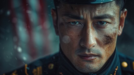 Obraz premium There is a man in uniform with a black hat and a black tie