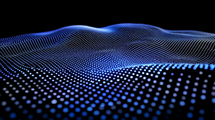Abstract Blue Particle Wave Flows Dynamically on a Black Background in a Digital Render.