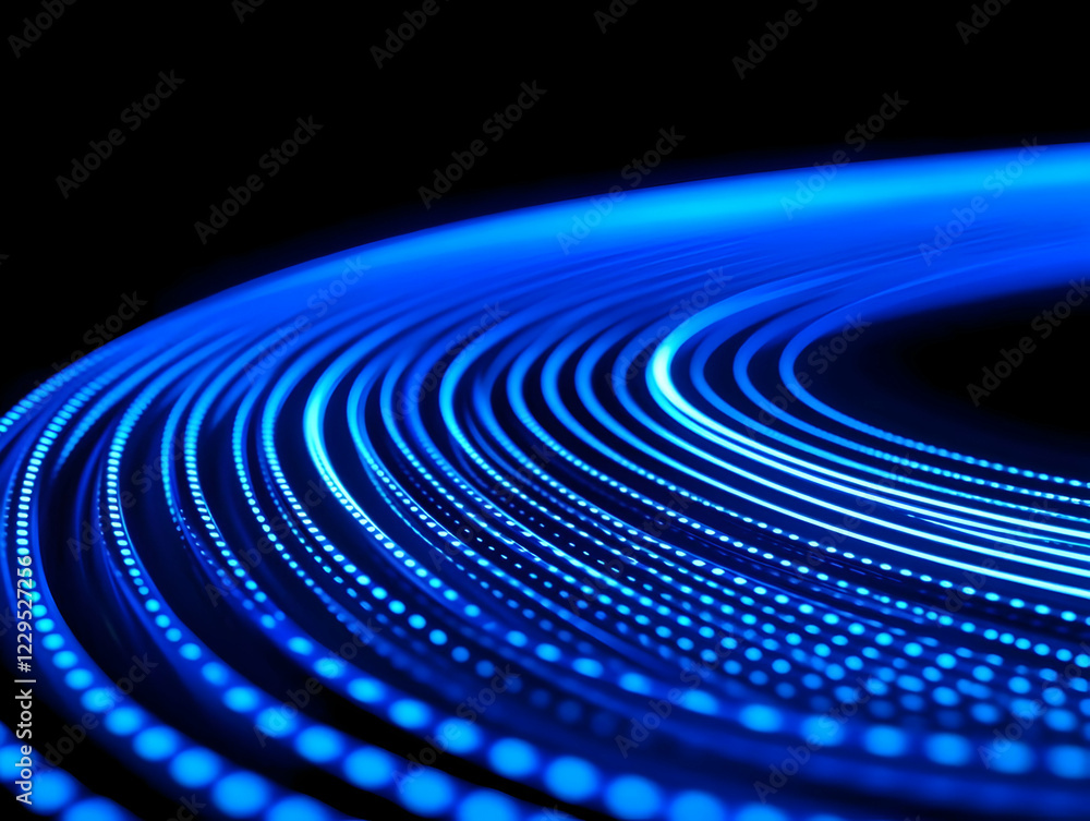 Poster abstract blue light trails curve dynamically across a dark background