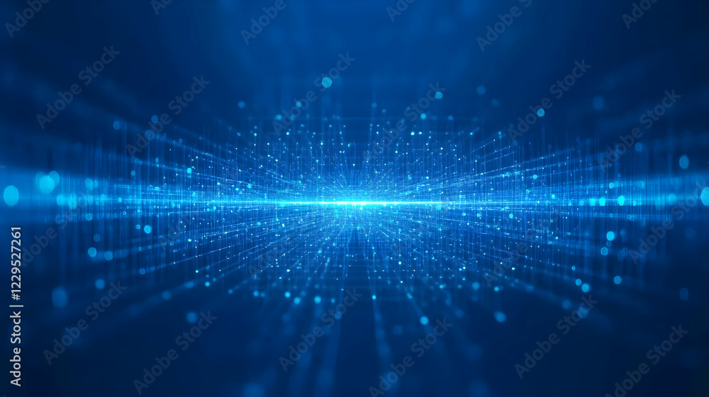 Poster abstract blue digital grid network extends into horizon with glowing particles and perspective