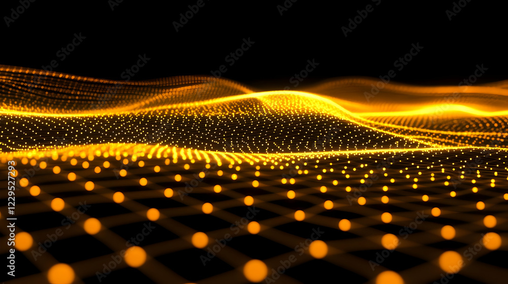 Poster abstract golden grid wave flows smoothly in the dark background with digital particles