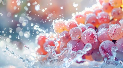 Fresh grapes splashing in water with vibrant bokeh background, ideal for food-related themes