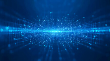 Abstract Blue Digital Grid Network Extends into Horizon with Glowing Particles and Perspective