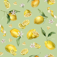 Seamless pattern with watercolor illustration of slice and whole lemon, peel or zest Lemon. Repeat ornament Hand painted lemon branch with green leaf and white flowers on white isolated background.