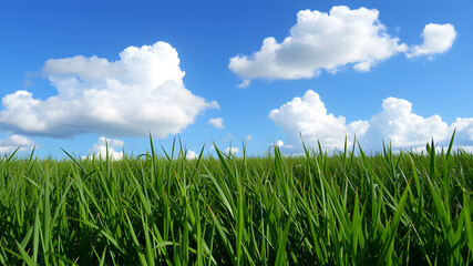 Obraz premium Green grass and blue sky with white clouds
