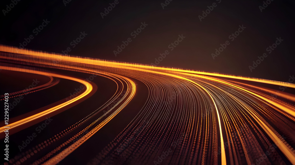 Poster golden particles flowing in curved lines on a dark background create a dynamic abstract visual